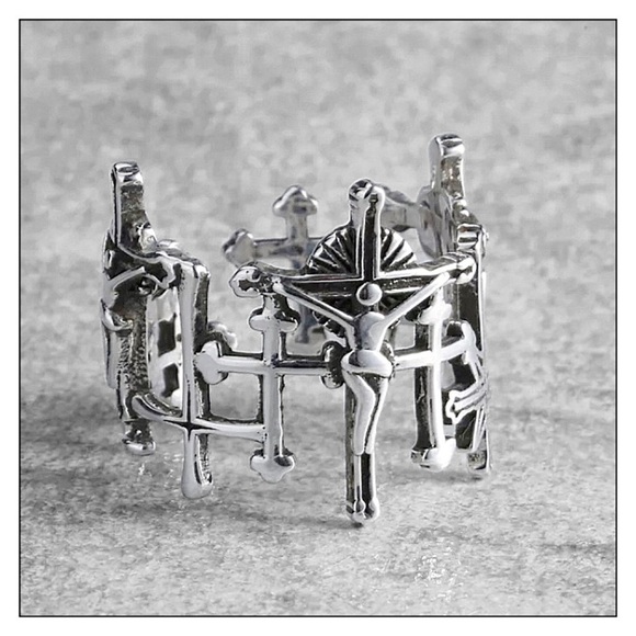 SILVER Adjustable Crucifixion Jesus Brutalist Style Ring - Picture 1 of 5